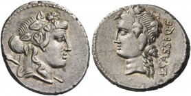 L. Cassius Q. f. Denarius 78, AR 3.78 g. Ivy-wreathed head of Liber r., with thyrsus over shoulder. Rev. L·CASSI·Q·F Vine-wreathed head of Liber l. Ba...