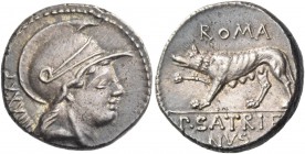 P. Satrienus. Denarius 77, AR 4.00 g. Helmeted head of Roma r.; behind, TXXXIII. Rev. ROMA She-wolf l., r. forepaw raised; in exergue, P·SATRIE / NVS....