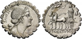 C. Egnatius Cn. f. Cn. n. Maxumus. Denarius serratus 75, AR 3.99 g. Diademed and draped bust of Venus r., with Cupid perched on shoulder; behind, MAXS...