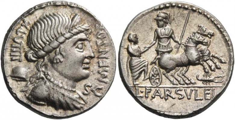 L. Farsuleius Mensor. Denarius 75, AR 4.04 g. MENSOR Diademed and draped bust of...