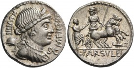 L. Farsuleius Mensor. Denarius 75, AR 4.04 g. MENSOR Diademed and draped bust of Libertas r.; behind, ΧÔVIIII / pileus. Below chin, S·C. Rev. Warrior ...
