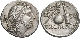 Cn. Cornelius Lentulus. Denarius, Spain (?) 76-75, AR 3.96 g. Draped bust of the Genius Populi Romani r., hair tied with band and sceptre over shoulde...