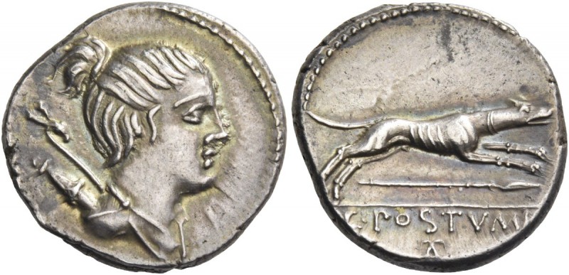 C. Postumius. Denarius 74, AR 3.98 g. Draped bust of Diana r., with bow and quiv...