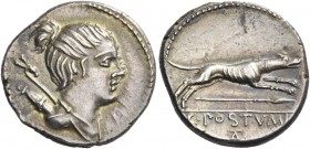 C. Postumius. Denarius 74, AR 3.98 g. Draped bust of Diana r., with bow and quiver over shoulder. Rev. Hound running r.; below, spear and in exergue, ...