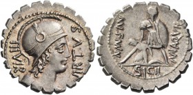 Mn. Aquillius. Denarius serratus 71, AR 3.89 g. VIRTVS – III VIR Helmeted and draped bust of Virtus r. Rev. MN AQVIL - MN·F MN·N Warrior, holding shie...