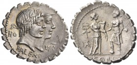 Q. Fufius Calenus and Mucius Cordus. Denarius serratus 70, AR 3.66 g. Jugate heads of Honos and Virtus r.; in l. field, HO and in r. field, VIRT. Belo...