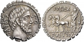 T. Vettius Sabinus. Denarius serratus 70, AR 3.96 g. Bearded head of King Tatius r.; below chin, TA ligate and behind, SABINVS. In r. field, S·C. Rev....