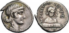 M. Plaetorius M. f. Cestianus. Denarius 69, AR 3.77 g. Draped female bust r.; behind, unidentified symbol. Rev. M PLAETORI CEST S·C Half-length bust o...
