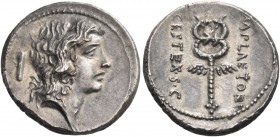 M. Plaetorius M. f. Cestianus. Denarius 69, AR 3.95 g. Male head r., with flowing hair; behind, scroll. Rev. M·PLAETORI – CEST·EX·S·C Winged caduceus....