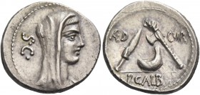 P. Sulpicius Galba. Denarius 69, AR 3.74 g. Veiled and diademed head of Vesta r.; behind, S·C. Rev. AED – CVR Knife, culullus and axe. In exergue, P·G...