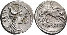 C. Hosidius C. f. Geta. Denarius 68, AR 3.92 g. GETA – III·VIR Diademed and draped bust of Diana r., with bow and quiver over shoulder. Rev. Boar r. w...