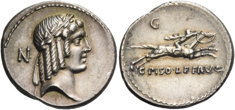 C. Piso L.f. Frugi. Denarius 67, AR 3.81 g. Laureate head of Apollo r.; behind, ...