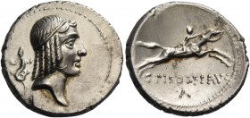 C. Calpurnius L. f. Frugi. Denarius 67, AR 4.00 g. Head of Apollo r., hair bound with fillet; behind, lizard. Rev. Horseman galloping r.; below, C·PIS...