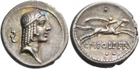 C. Calpurnius L. f. Frugi. Denarius 67, AR 3.90 g. Head of Apollo r., hair bound with fillet; behind, sequence mark. Rev. Horseman galloping r., holdi...