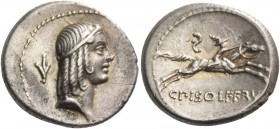 C. Piso L.f. Frugi. Denarius 67, AR 3.81 g. Laureate head of Apollo r.; behind, N. Rev. Horseman running r., holding branch; above, G and below, C·PIS...