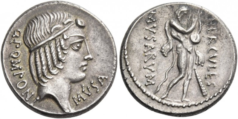 Q. Pomponius Musa. Denarius 66, AR 3.91 g. Q·POMPONI – MVSA Head of Apollo r., h...