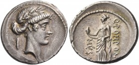 Q. Pomponius Musa. Denarius 66, AR 3.81 g. Laureate head of Apollo r.; behind, scroll. Rev. Q·POMPONI – MVSA Clio standing l., holding scroll in r. ha...