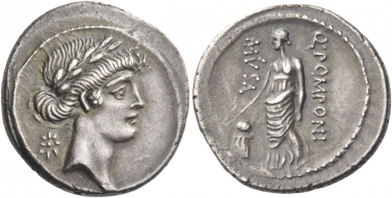 Q. Pomponius Musa. Denarius 66, AR 4.03 g. Laureate head of Apollo r.; behind, s...