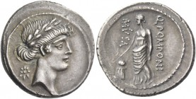 Q. Pomponius Musa. Denarius 66, AR 4.03 g. Laureate head of Apollo r.; behind, star. Rev. Q·POMPONI – MVSA Urania standing l., holding rod which she p...