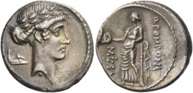 Q. Pomponius Musa. Denarius 66, AR 3.76 g. Laureate head of Apollo r.; behind, sandal. Rev. Q·POMPONI – MVSA Thalia standing l., holding comic mask in...