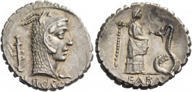 L. Roscius Fabatus. Denarius serratus 64, AR 3.76 g. Head of Juno Sospita r.; behind, serpent on staff (?) and below neck truncation, L ROSCI. Rev. Gi...