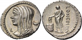 L. Cassius Longinus. Denarius 63, AR 3.82 g. Diademed and veiled head of Vesta l.; below chin, L. In r. field, dish. Rev. LONGIN·III·V Voter standing ...