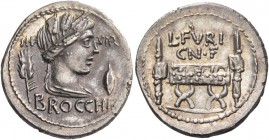 L. Furius Cn. F. Brocchus. Denarius 63, AR 3.88 g. III – VIR Head of Ceres r.; at sides, corn ear and barley grain. Below, BROCCHI. Rev. L·FVRI· / CN·...