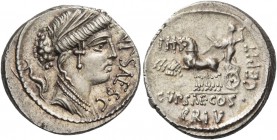 P. Plautius Hypsaeus. Denarius 60, AR 3.92 g. P.YPSAE·S·C Draped bust of Leuconoe r.; behind, dolphin swimming downwards. Rev. Jupiter in quadriga l.,...