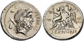 Denarius 59, AR 3.98 g. SVFENAS – S·C Head of Saturn r.; in l. field, harpa and conical stone. Rev. PR·L·V·P·F Roma seated l. on pile of arms, holding...