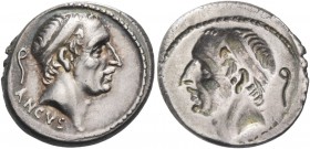 L. Marcius Philippus. Brockage denarius 56, AR 3.94 g. Diademed head of Ancus Marcius r.; behind, lituus and below, ANCVS. Rev. Same type, incuse. cf....