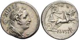Faustus Cornelius Sulla. Denarius 56, AR 3.92 g. FEELIX Diademed male bust r. (Hercules), wearing lion’s skin. Rev. Diana in prancing biga r., holding...