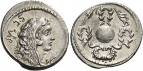 Faustus Cornelius Sulla. Denarius 56, AR 4.03 g. Head of Hercules r., wearing lion’s skin; in l. field, S·C FAVSTVS in monogram. Rev. Globe surrounded...