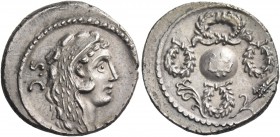 Faustus Cornelius Sulla. Denarius 56, AR 3.89 g. Head of Hercules r., wearing lion skin; in l. field, S·C. Rev. Globe surrounded by four wreaths; bene...