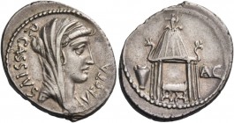 Q. Cassius Longinus. Denarius 55, AR 3.64 g. Q·CASSIVS – VESTA Veiled head of Libertas r. Rev. Temple of Vesta with curule chair inside; in l. field, ...