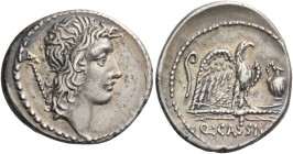 Q. Cassius Longinus. Denarius 55, AR 4.01 g. Head of Genius Populi Romani r.; sceptre over shoulder. Rev. Eagle on thunderbolt r.; in l. field, lituus...