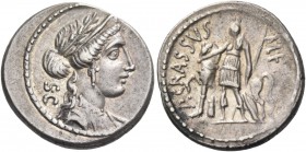 P. Licinius Crassus. Denarius 55, AR 3.76 g. Laureate, diademed and draped bust of Venus r.; behind, S·C. Rev. P·CRASSVS· – M·F Female figure leading ...