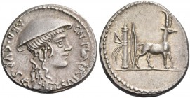 Cn. Plancius. Denarius 55, AR 3.85 g. CN·PLANCIVS – AED·CVR·S·C Female head r., wearing causia. Rev. Cretan goat r.; behind, bow and quiver. Babelon P...