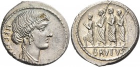 M. Iunius Brutus. Denarius 54, AR 4.22 g. LIBERTAS Head of Libertas r. Rev. The consul L. Junius Brutus walking l. between two lectors preceded by an ...