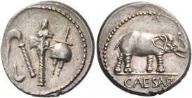 Iulius Caesar. Denarius, mint moving with Caesar 49-48, AR 3.79 g. Pontifical emblems: culullus, aspergillum, axe and apex. Rev. Elephant r., tramplin...