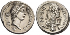 Q. Sicinius and C. Coponius. Denarius, mint moving with Pompey 49, AR 4.13 g. Q·SICINIVS – III·VIR Head of Apollo r., hair tied with band; below, star...