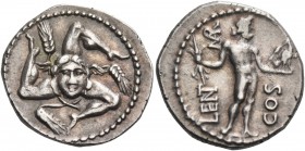 L. Cornelius Lentulus and C. Claudius Marcellus. Denarius, Apollonia and Asia 49, AR 3.77 g. Triskeles with winged head of Medusa in centre and corn e...