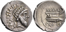 Cn. Pompeius Magnus and Cn. Calpurnius Piso. Denarius, mint moving with Pompey 49, AR 3.74 g. CN·PISO·PRO – Q Bearded head of Numa Pompilius r., weari...