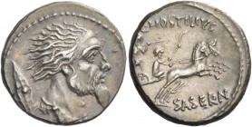 L. Hostilius Saserna. Denarius 48, AR 3.93 g. Bearded male head r.; behind, Gallic shield. Rev. L·HOSTILIVS Naked Gallic warrior in fast biga driven r...