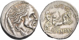 L. Hostilius Saserna. Denarius 48, AR 3.67 g. Bearded male head r.; behind, Gallic shield. Rev. L·HOSTILIVS Naked Gallic warrior in fast biga driven r...