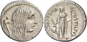 L. Hostilius Saserna. Denarius 48, AR 4.07 g. Female head r. with long hair; behind, carnyx. Rev. L·HOSTILIVS – SASERNA Artemis standing facing, holdi...