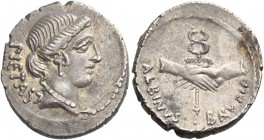 D. Iunius Brutus Albinus. Denarius 48, AR 3.98 g. PIETAS Head of Pietas r. Rev. Two hands clasped round winged caduceus; below, ALBINVS·BRVTI·F. Babel...