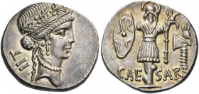 Iulius Caesar. Denarius, mint moving with Caesar circa 48-47, AR 3.92 g. Female head r., wearing diadem and oak-wreath; behind, TII. Rev. CAE–SAR Trop...