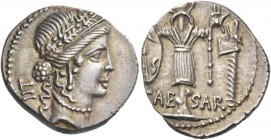 Iulius Caesar. Denarius, mint moving with Caesar circa 48-47, AR 3.79 g. Female head r., wearing diadem and oak-wreath; behind, TII. Rev. CAE–SAR Trop...