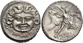 L. Plautius Plancus. Denarius 47, AR 3.88 g. Head of Medusa facing; with coiled snake on either side; below, L·PLAVTIVS. Rev. Victory facing holding p...