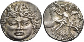 L. Plautius Plancus. Denarius 47, AR 3.83 g. Head of Medusa facing with dishevelled hair; below, [L·PLAVTIVS]. Rev. Victory facing, holding palm branc...